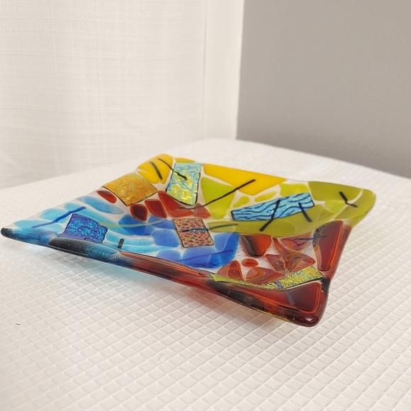 Abstract Fused Glass Dichroic Dish Art Trinket Vanity Bath Decor 6 " square - Picture 3 of 9
